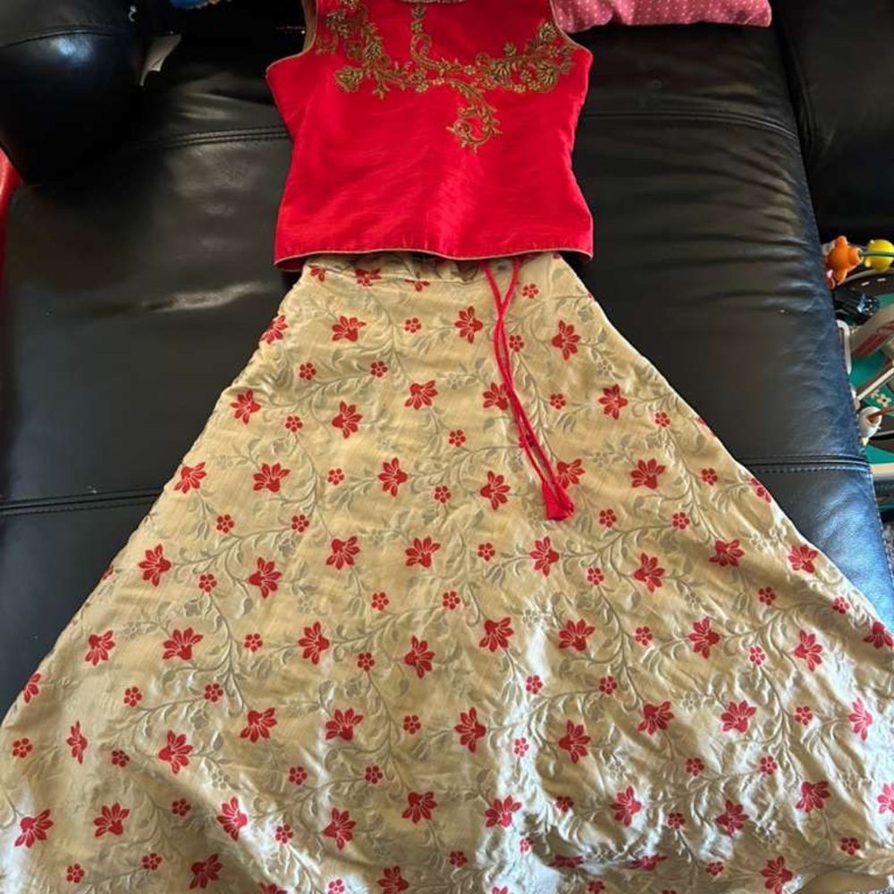 Floral Red and Cream Kids Indian Long Skirts